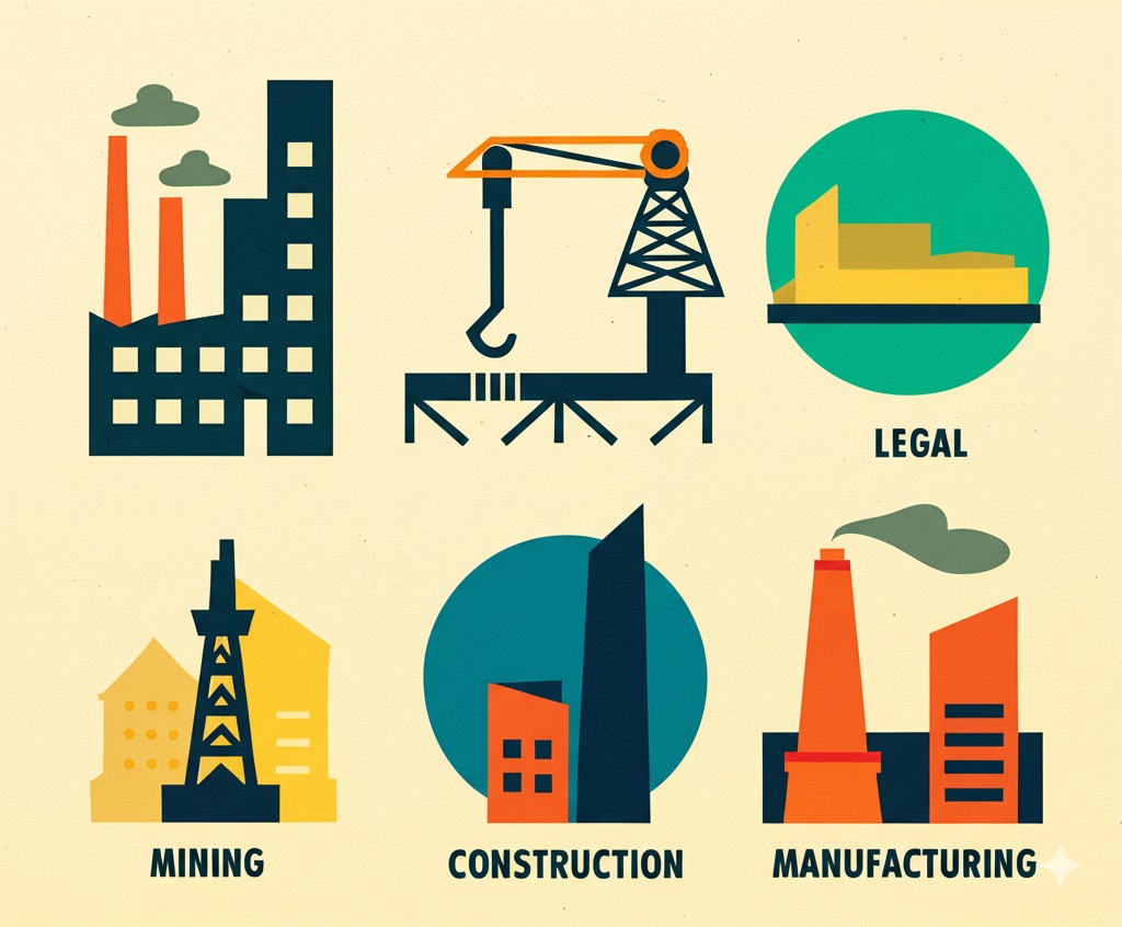 Icons representing key industries: Construction, Mining, Architecture, Manufacturing, Finance, Legal